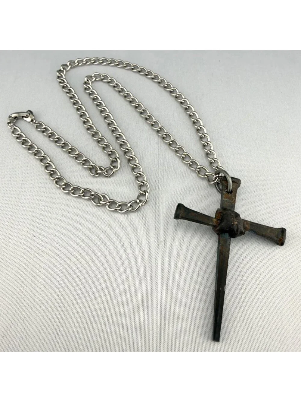 Handmade Iron Nail Cross Pendant Necklace Silver Tone Chain Rustic 24